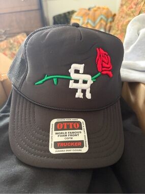Stevenson Ranch Trucker Hat with Embroidered Red Rose